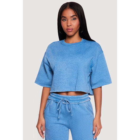 Women's Acid Wash Short Sleeve Fleece Cropped Sweatshirt