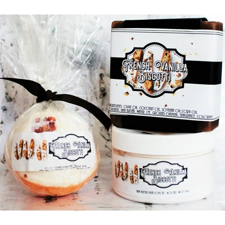 Chubby Chico Charms All Natural Bath Bomb, Body Bar & Body Butter, French Vanilla Biscotti Scented, 3 Piece Bath Set
