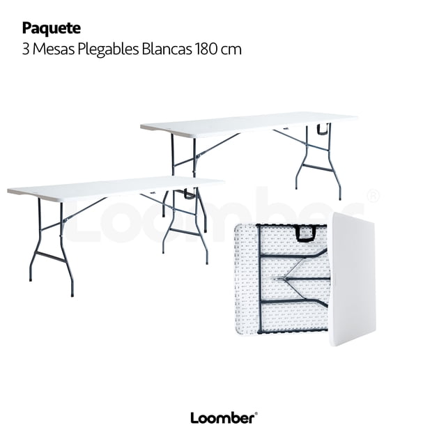 Mesa Plegable Blanca 180 cm Paquete 3 piezas LOOMBER