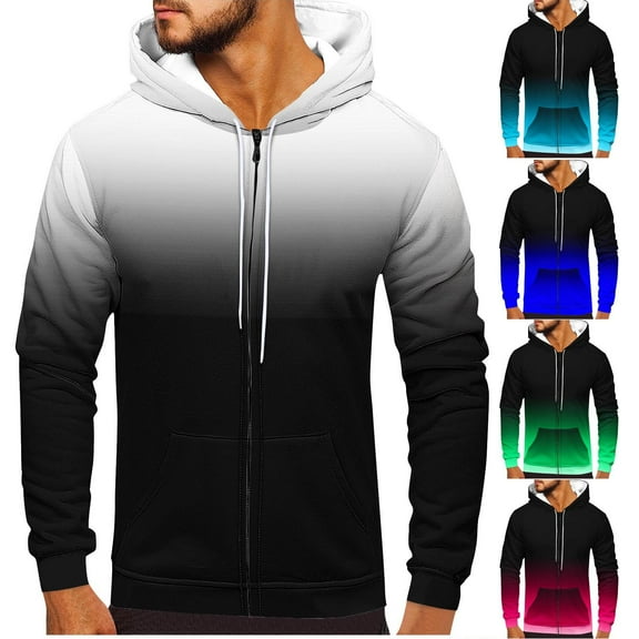 Zip Up Hoodies for Men Casual Jacket Fleece Sweatshirt Drawstring Hoody Top Long Sleeve Sweater Gradient Print Outwear Fashion Full-Zip Hoodie with Pockets Lightweight Sweatshirts Size S-3XL