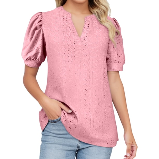 Camiseta ajustada de mujer a la última: cuello en V, mangas abullonadas, nailon y spandex, informal de verano para ir al trabajo.