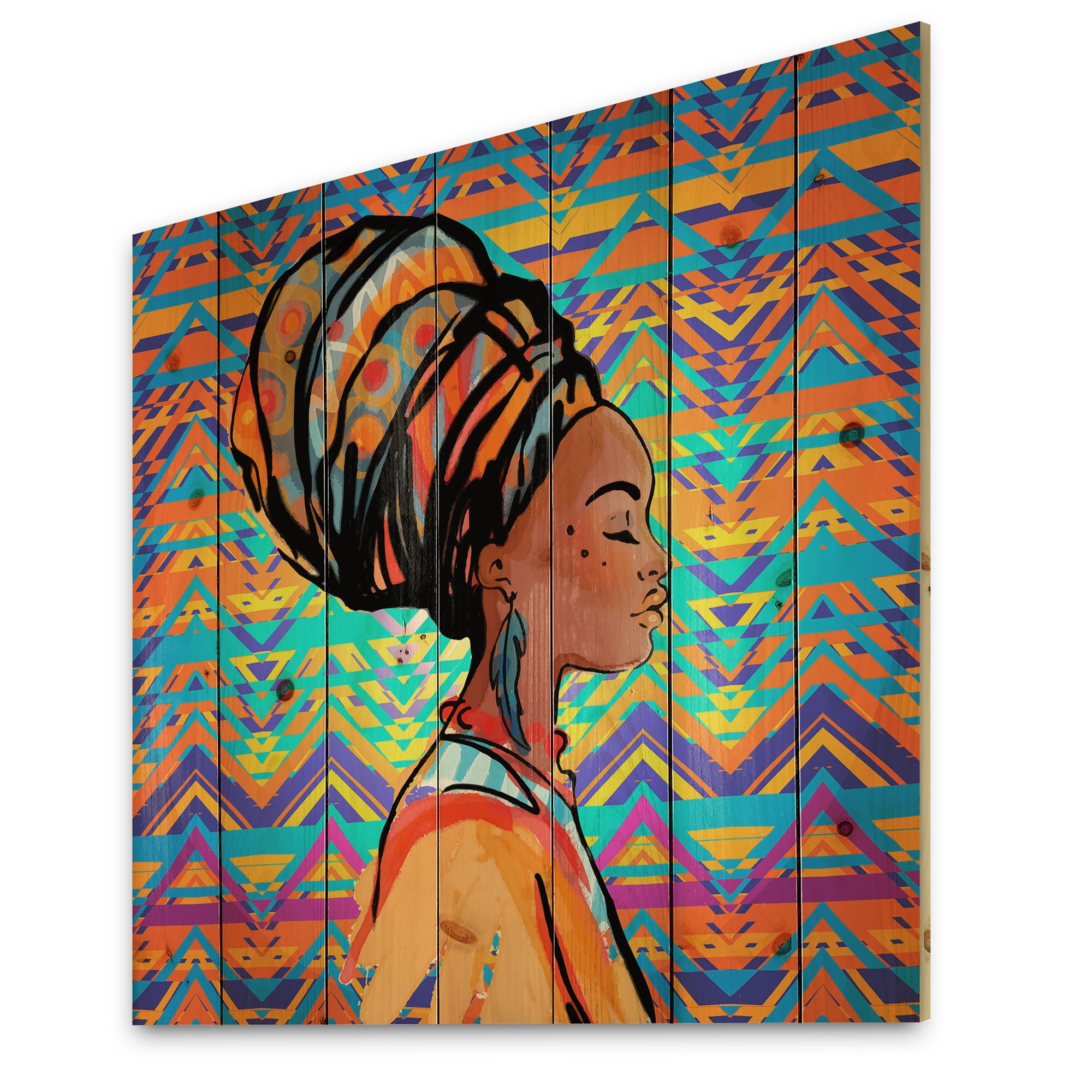 Designart 'African American Woman Portrait with Turban IV' Modern Print on Natural Pine Wood