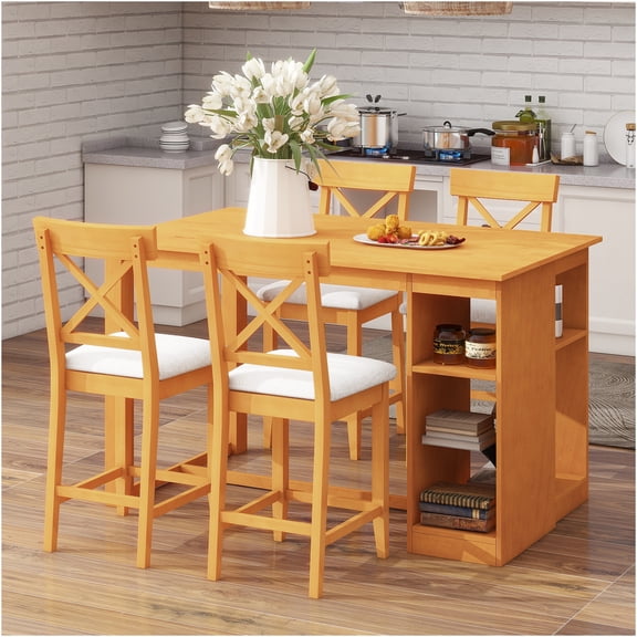 JERFIT 5-Piece Farmhouse Dining Table Set with Storage Shelves and Upholstered Chairs, Counter Height Kitchen Table for 4, Solid Wood Construction, Brown