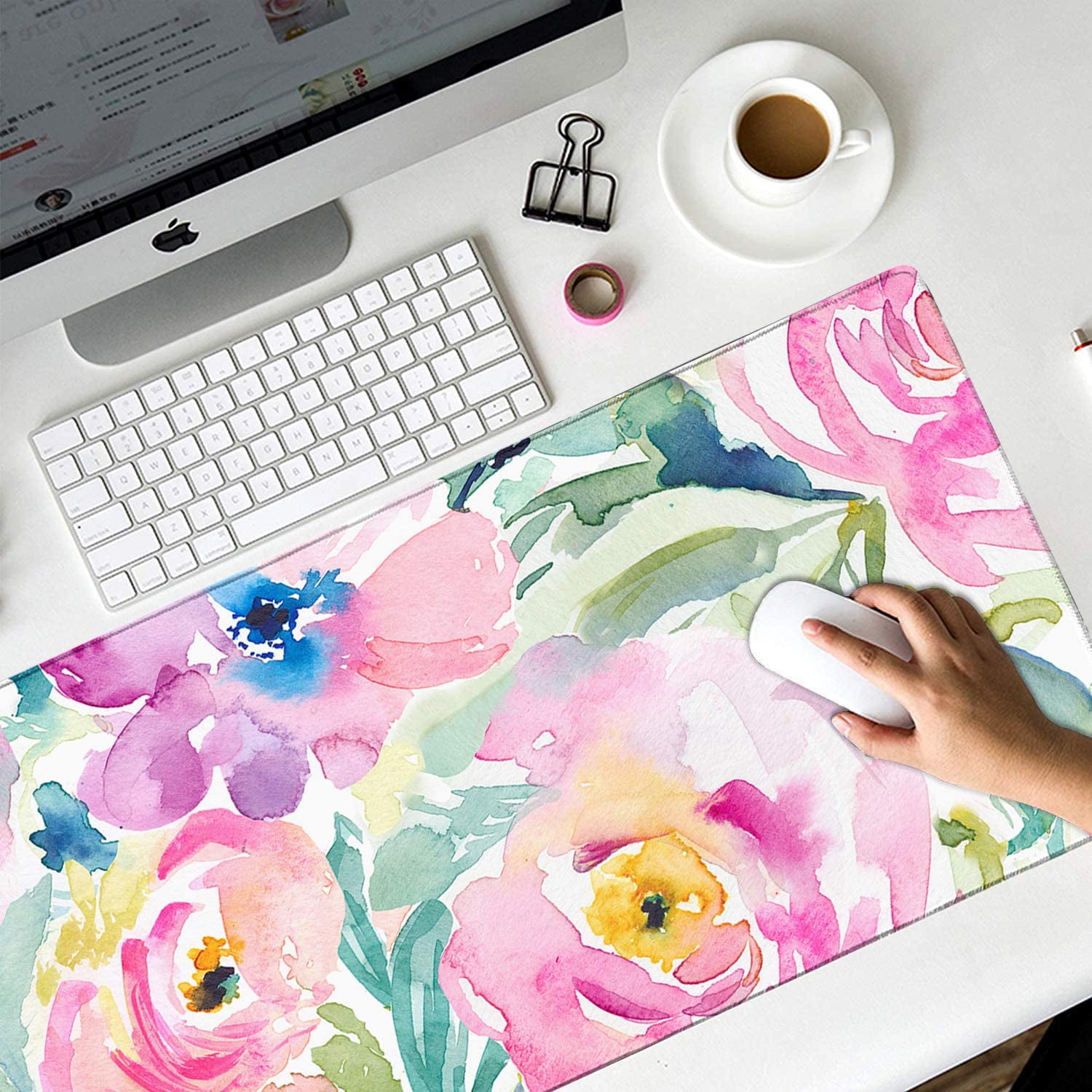 Floral Desk Mat, Extended Desk Pad Mat, Large Mouse Pad for Desk, Waterproof Computer Mat with Edge Stitching, 2 MM Thickness Keyboard Mat with Non-Slip Rubber Base for Office