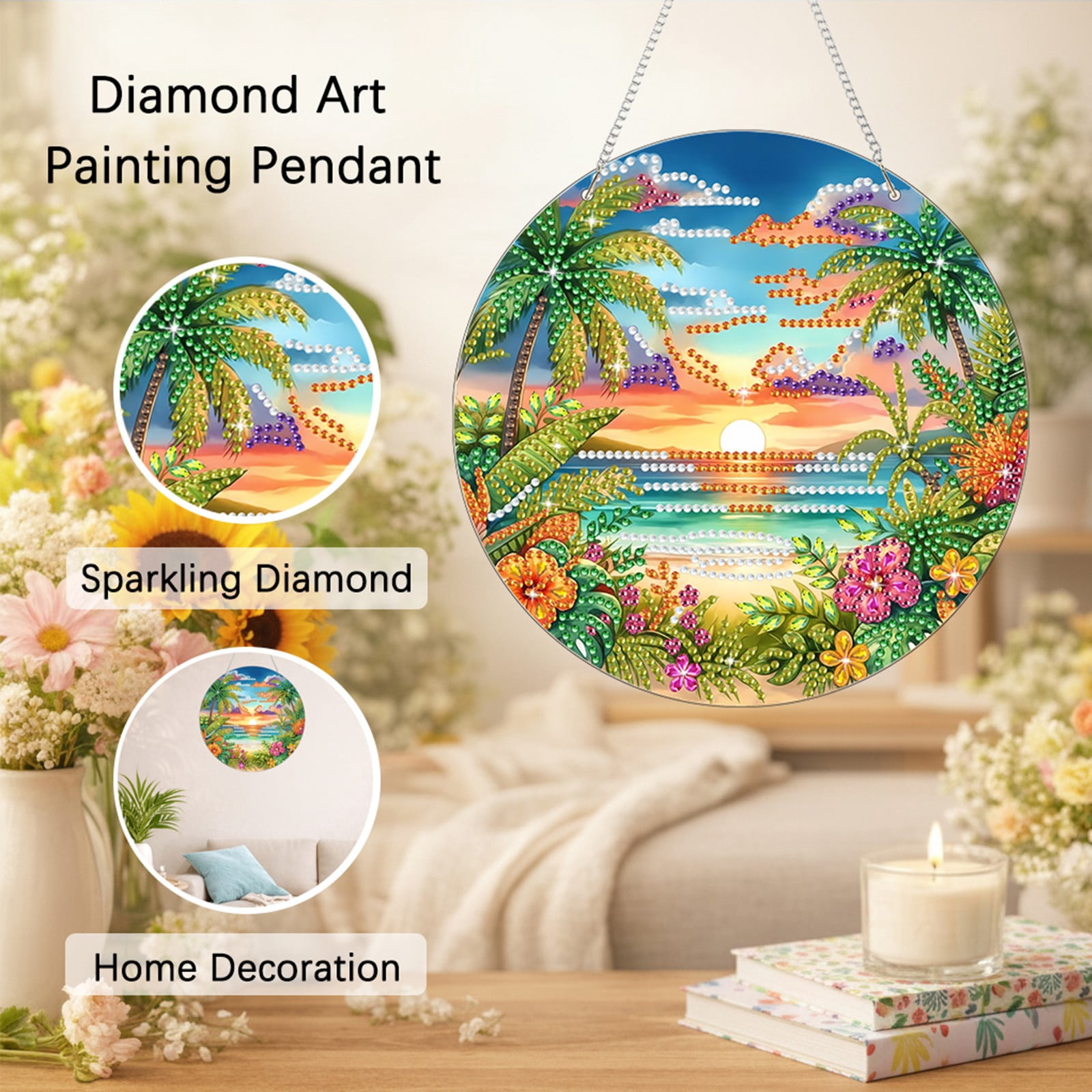 FLOPESN 2PCS DIY Diamond Art Kits,Spring Painting Sea Style, 8.27*8.27in Diamond Painting Pendant, Creative Design Wall Decor