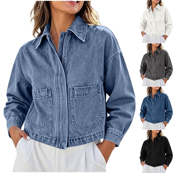 Women's Denim Shirt Jacket, Collar Button Zipper Long Sleeve Casual Top with Pockets Light Blue-A XL(XL)