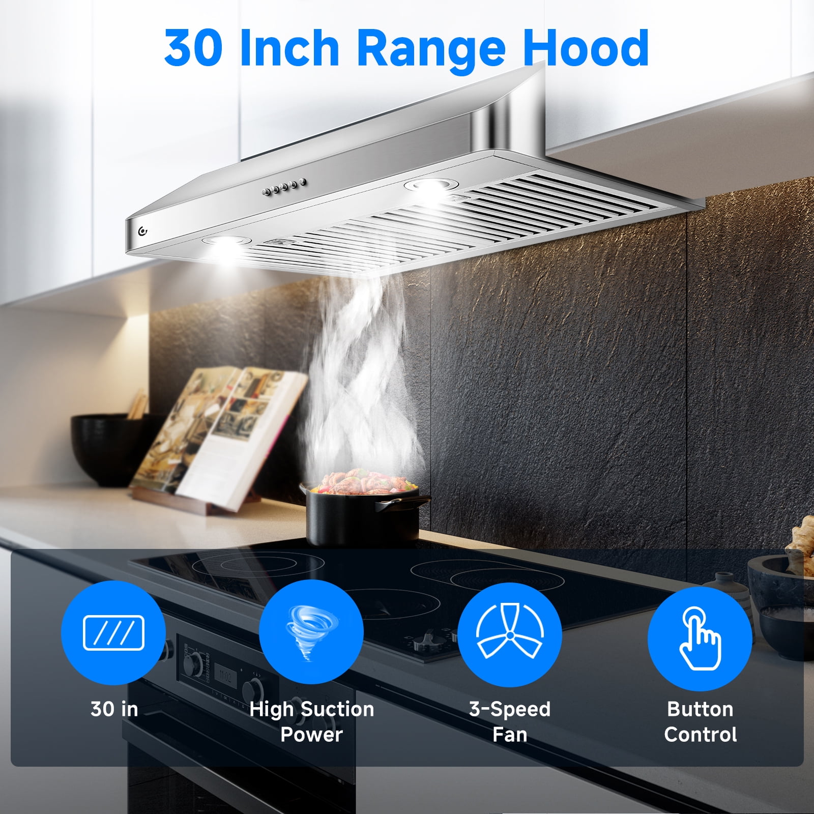 Sunmaki 30 inch Under Cabinet Range Hood with 3  Speed Exhaust Fan, 750CFM Fan Kitchen Stove Vent, Push Button