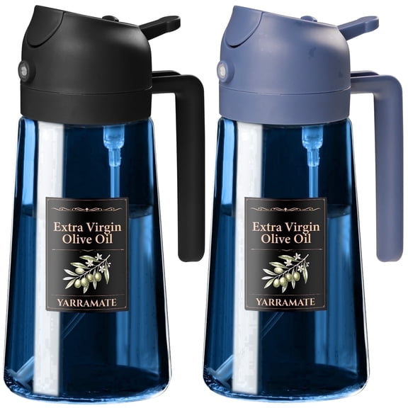YARRAMATE 2PCS 2-in-1 Olive Oil Sprayer & Dispenser with Stickers, 16oz Dark Glass Oil Bottle for Cooking (Black&Navy)