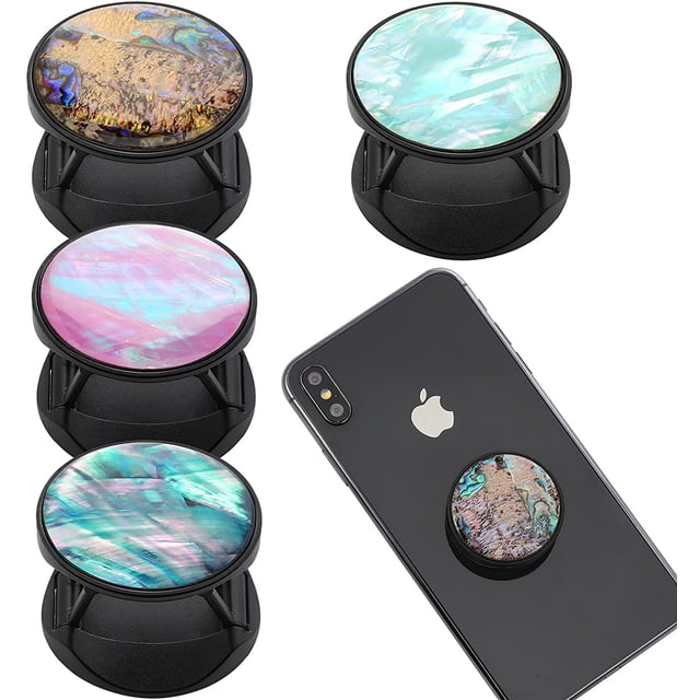 4 Pieces Artificial Shell Pearl Phone Grip Holder Expandible Shell Pearl Phone Finger Holder Adhesive Collapsible Phone Kickstand Grip for Smartphone and Tablets (Blue, Green, Purple, Yellow)