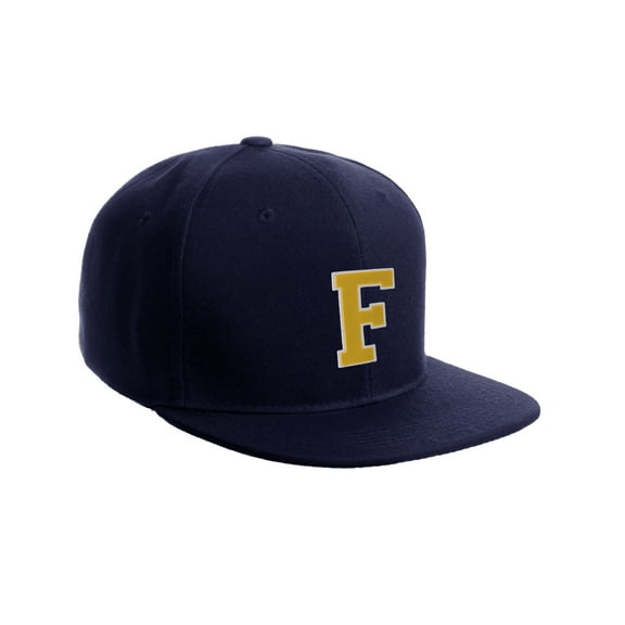 Classic Snapback Hat Custom A to Z Initial Letters, Navy Cap White Gold Letter Initial F