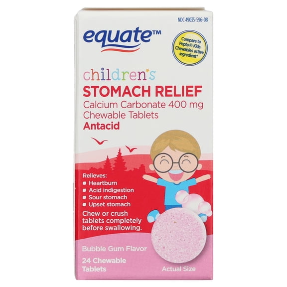 Equate Children's Calcium Carbonate Chewable Tablets for Upset Stomach Relief, 400 mg, Bubblegum Flavor, 24 Count, Compare to PeptoÂ® Kids Chewables Active Ingredient