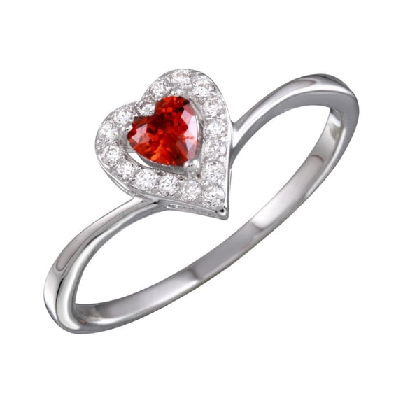 Rhodium Plated 925 Sterling Silver Heart Ring Red & Clear CZ Love Band Jewelry Female Size 5