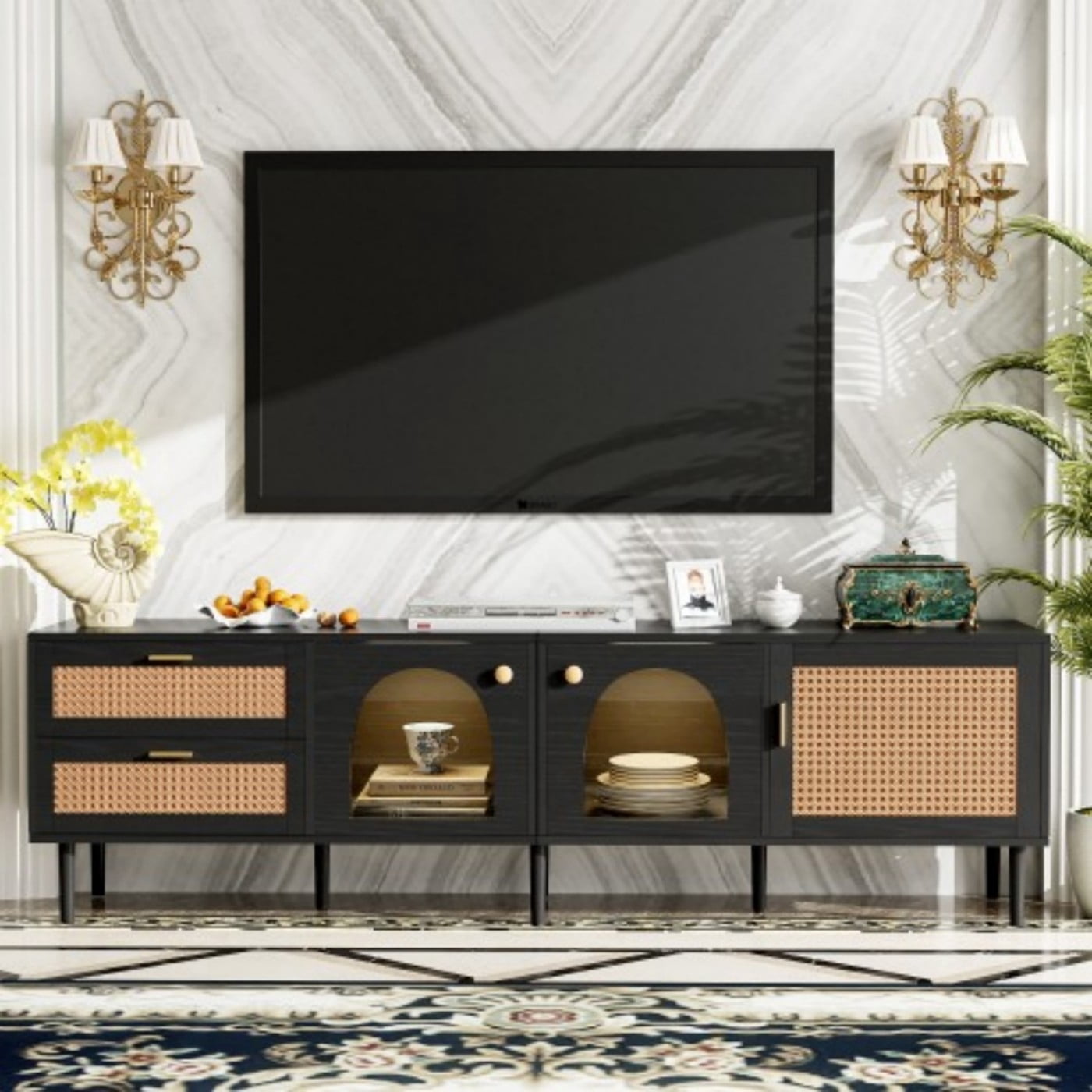 Rattan TV Stand for 80" TV, LED Entertainment Center with 3 Cabinets 2 Drawers, Modern Media Console with Cable Management, Black