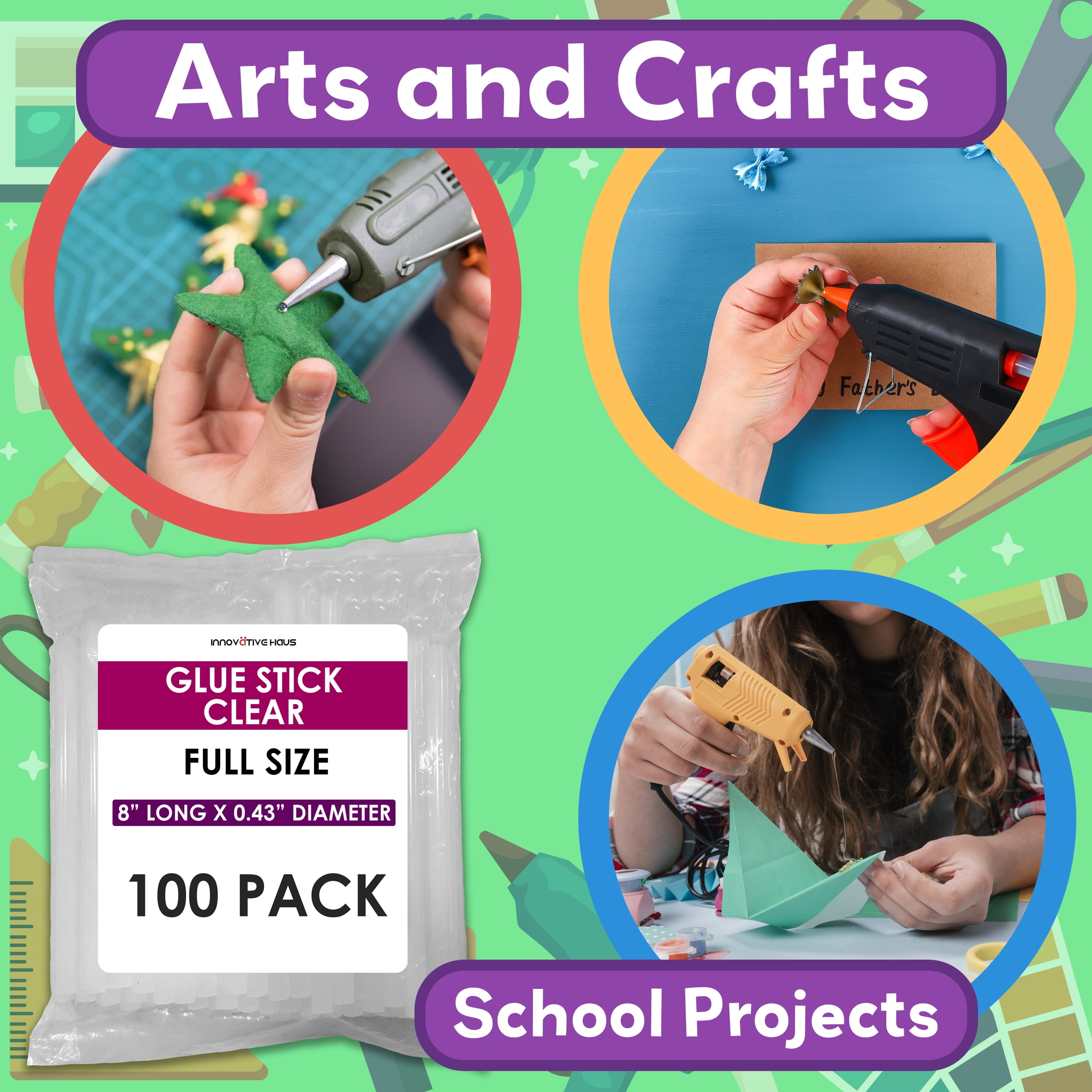 Innovative Haus Full Size Hot Glue Sticks Bulk - Fits Full Size Glue Guns, 8" x 0.43" - Hot Glue Sticks Large. Craft, Bond, Create on Wood, Metal, Glass & More - Clear Large Glue Stick- 100 Pack