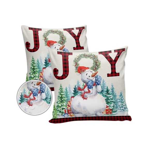 Pack of 2 Outdoor Pillow Covers, Christmas Snowman Xmas Tree Gifts Boxes and Black Red Plaid Waterproof Square Throw Pillowcase Cushion Decorative Pillow Covers for Couch Patio Tent, 20x20 in