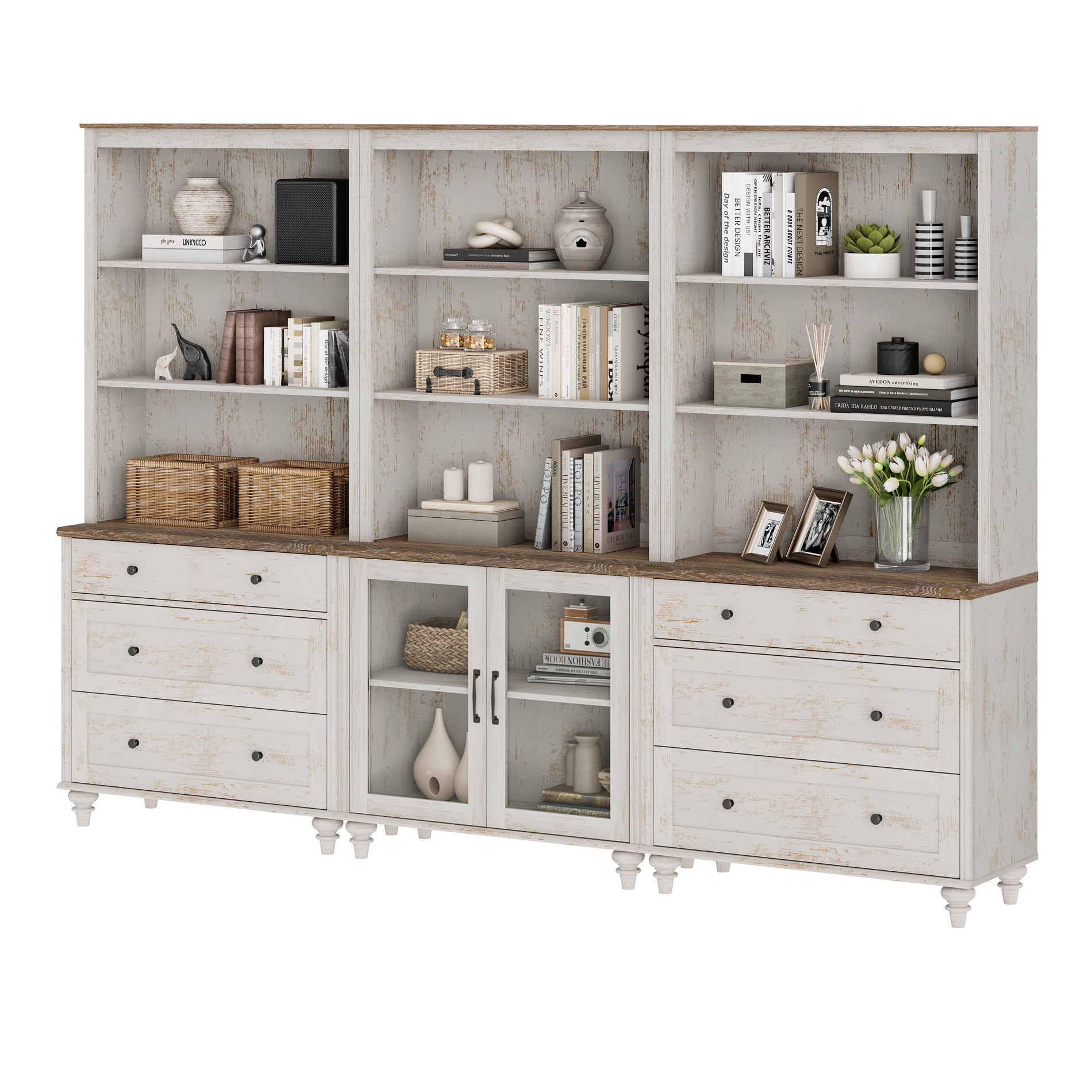 Farmhouse 5 Tier Bookcase With 2 Glass Doors and 6 Drawers, Rustic White, 101.6" W