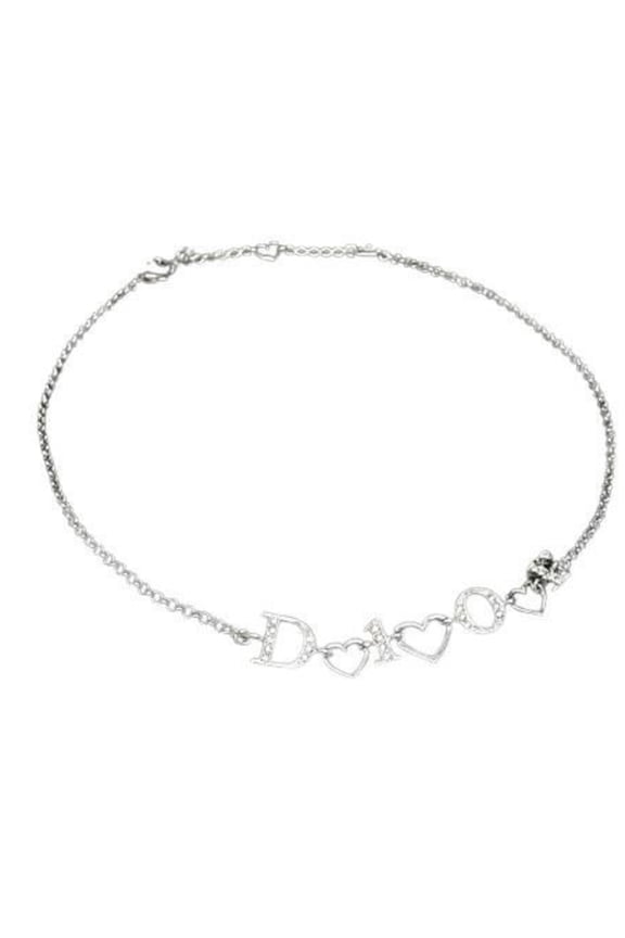Pre-Owned Christian Dior necklace, silver metal, women's, rhinestone heart design.
