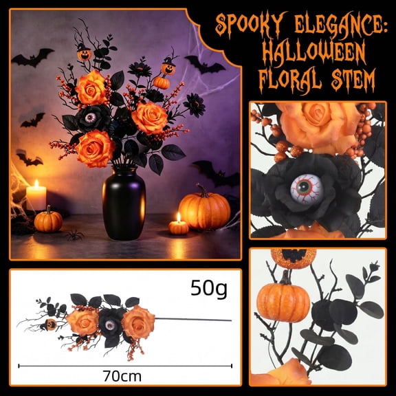 Halloween Horror Artificial Flower Stems, Orange Black Rose Eyeball Pumpkin Twig Bouquet, Spooky Faux Floral Arrangement for Table Desktop Decor