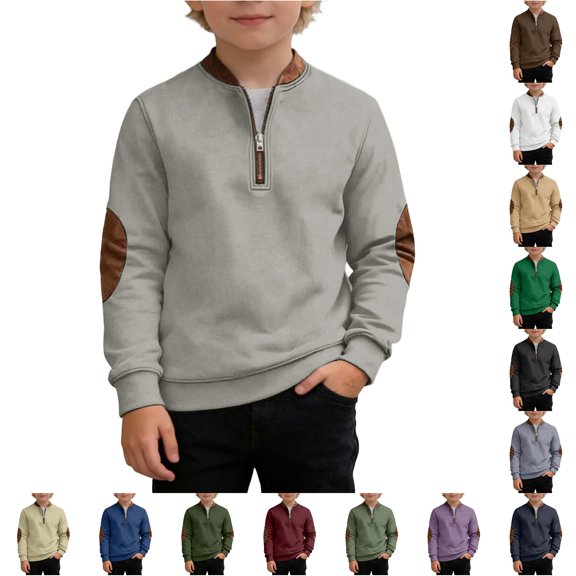 REDARER Leather Elbow Patch Quarter Zip Stand Collar Soft Warm Long Sleeve Boys Pullover Sweatshirt for School Outdoor Daily Casual Wear,4-5 Years