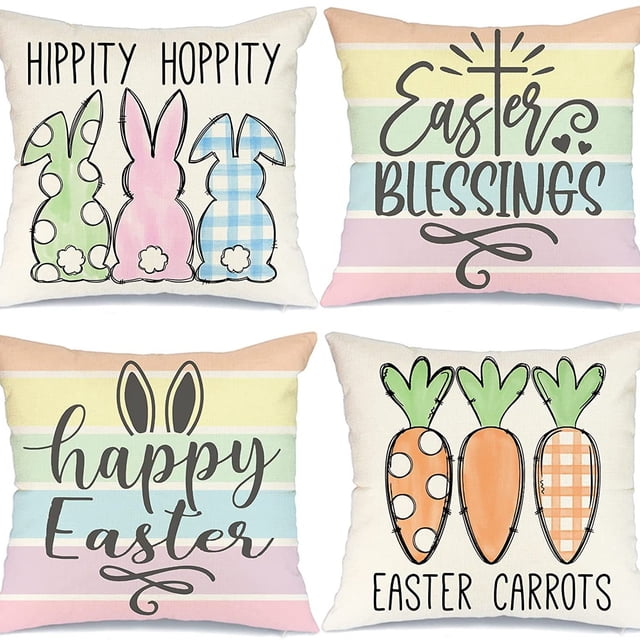 Juego de fundas de almohada con forma de conejo de pascua y zanahoria, 45 x 45 cm, 4 unidades