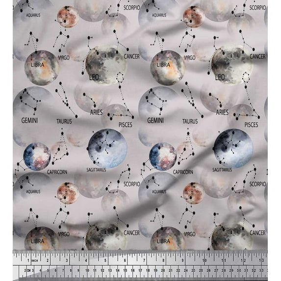 Soimoi Gray Velvet Fabric Zodiac Text & Planet Galaxy Print Fabric by the Yard 60 Inch Wide