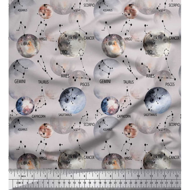 Soimoi Gray Rayon Fabric Zodiac Text & Planet Galaxy Fabric Prints By Yard 58 Inch Wide