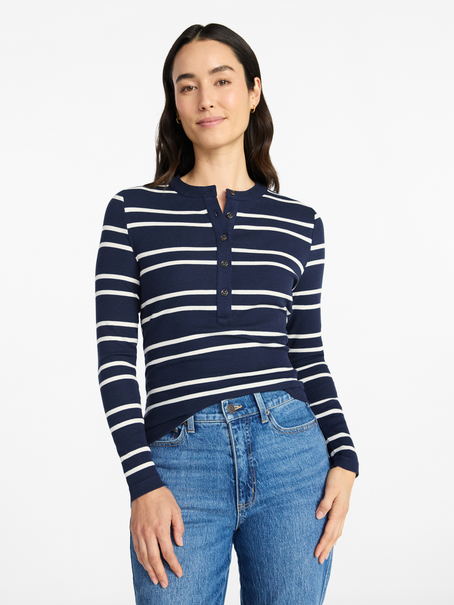 Time and Tru Women's Striped Henley with Long Sleeves, Sizes XS-XXXL