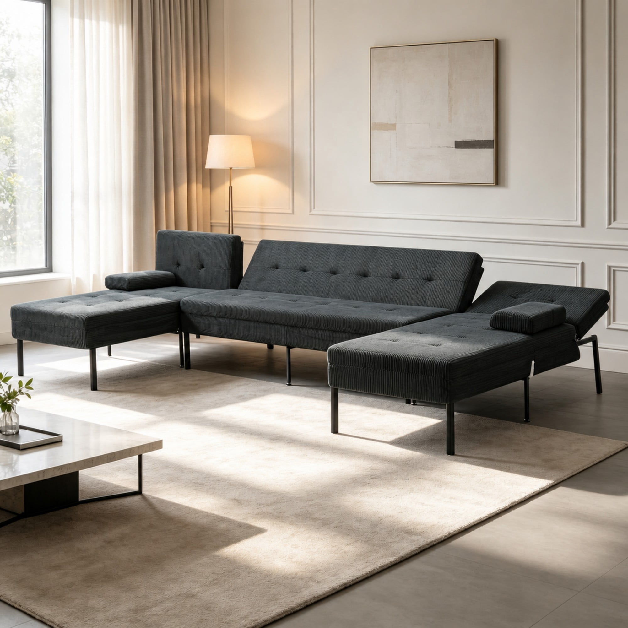 BSHTI 117.13" Soft Corduroy U-Shaped Sectional Sofa Bed with 5-Position Backrest, Comfy Couch for Living Room（Dark Gray）