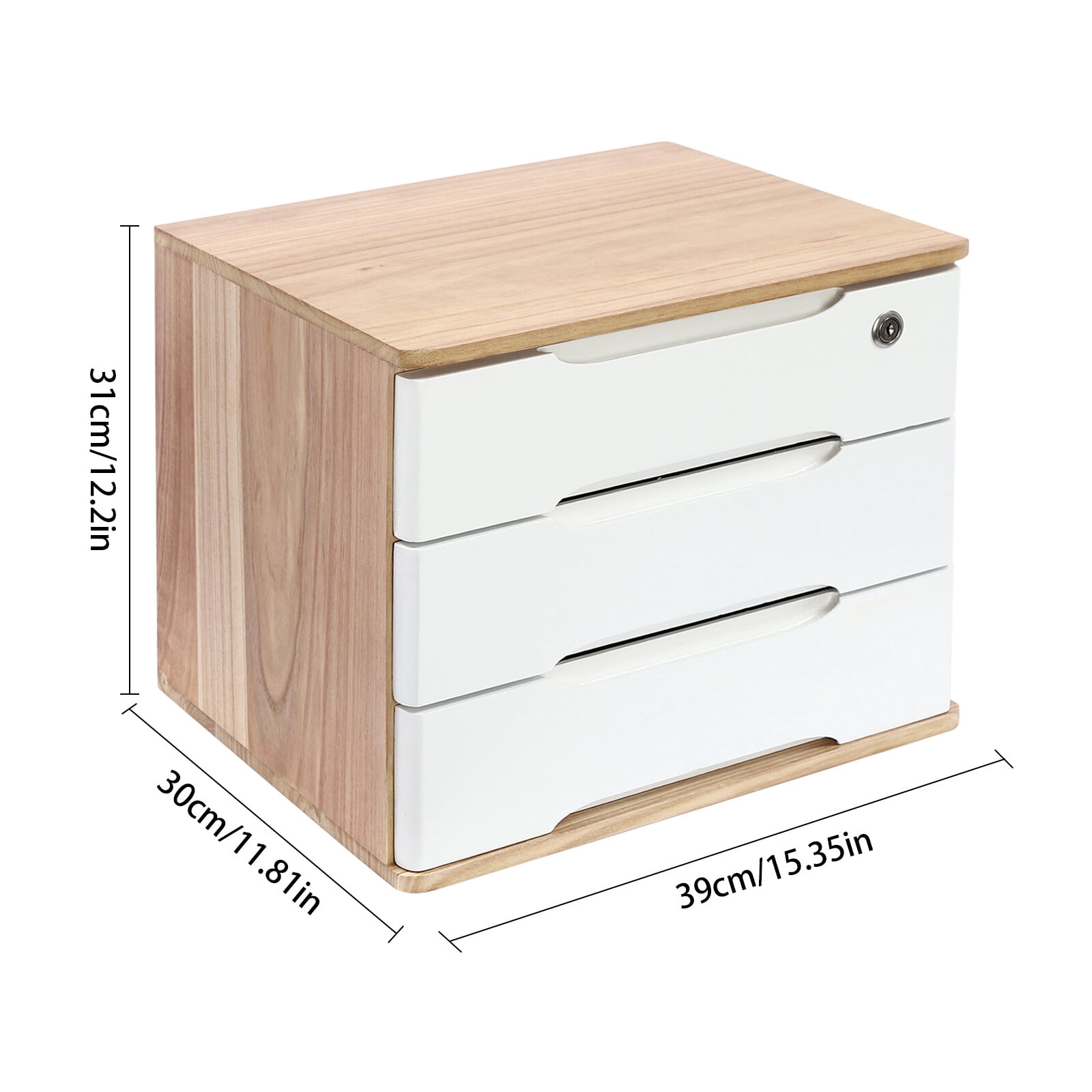 ToppiJoy 3-Tier Wooden Desktop Storage Box with Lockable Drawers, Modern Tung Wood Desk Organizer, Bamboo Storage with Keys (Wood Color, White)