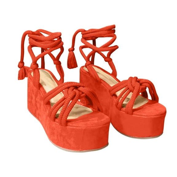 Women's Sandals Rope Knot Buckle Ankle Strap Summer Wedge Heels Open Toe Buckle Sandals Shoes Orange 39