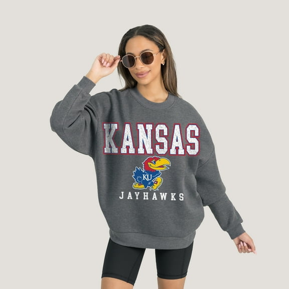 Women's Gameday Couture  Heather Charcoal Kansas Jayhawks Oversized Distressed Fleece Pullover Sweatshirt