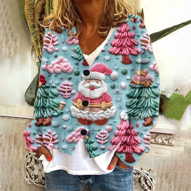 Puntoco Chaqueta Informal Con Botones Y Estampado Navideño Para Mujer