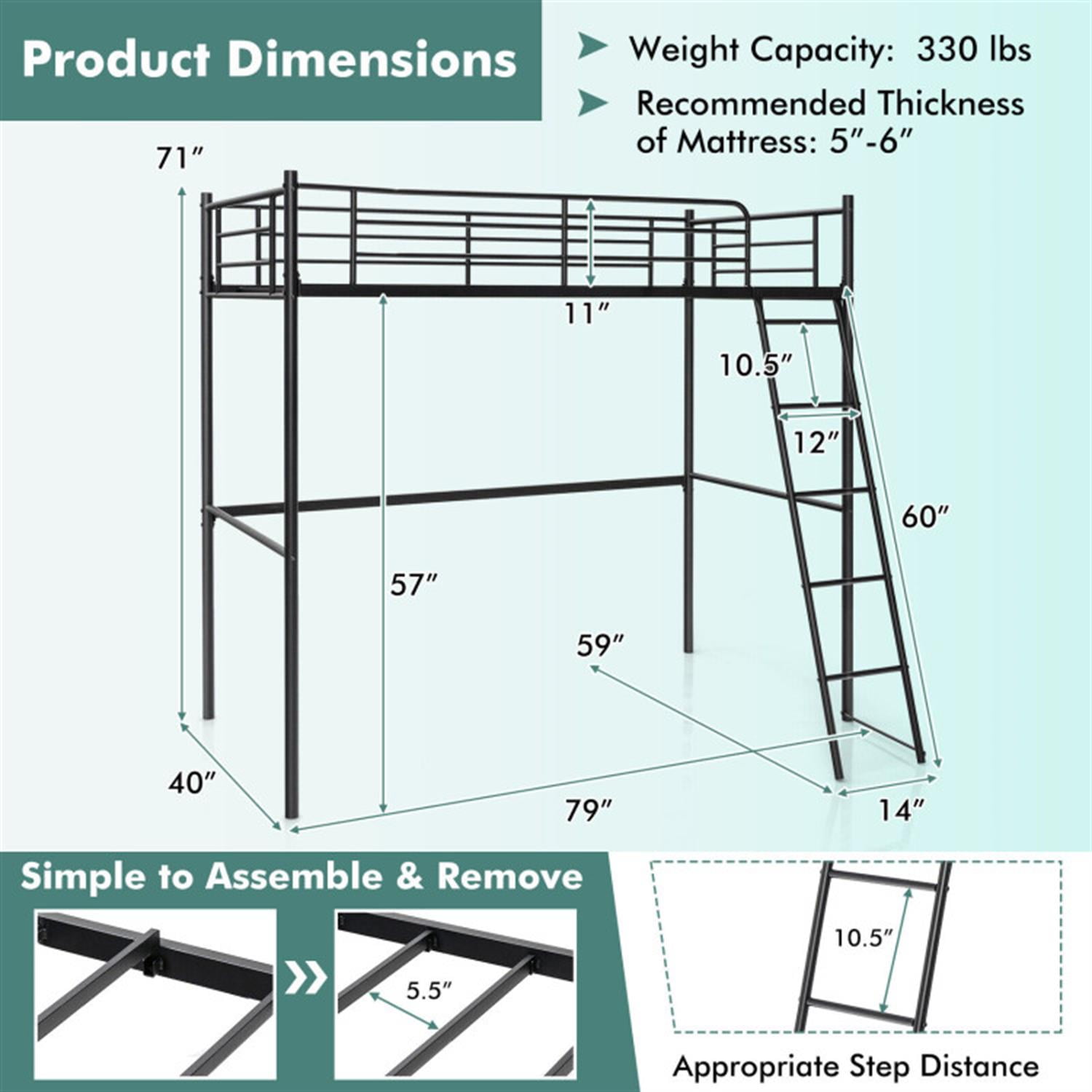 Demi Bonn Twin Metal Loft Bed with Ladderand High Guard Rails for Teens, Black
