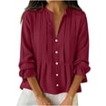 thumbnail image 3 of LangJing Button Down Linen Shirts for Women Long Sleeve Cotton Pleated Dressy Blouse Flowy V Neck Office Work Peplum Tops Wine,L, 3 of 7