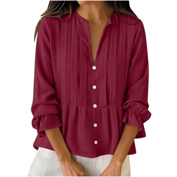 Tops de Manga Larga de las Mujeres de Color Sólido Casual con Detalle Del Botón Plisado, Blusa de Lino con Cuello en V para el Otoño Diario