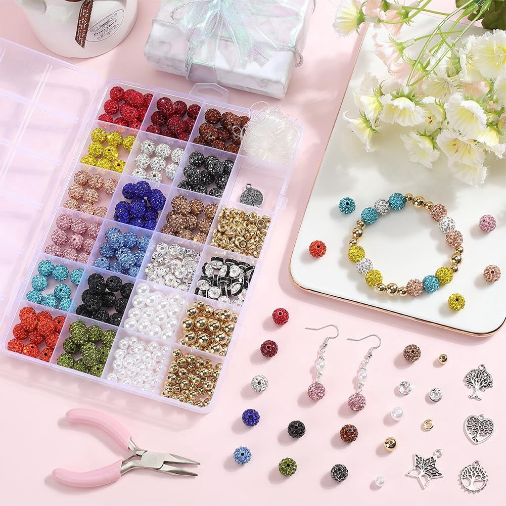 Colorful 1 Box 505Pcs Rhinestone Beads Kit 10MM Clay Beads Sparkle Disco Ball Beads with Charms Spacers Pearls Elastic String for Jewelry Making DIY Bracelet Necklace Earring Keychain Crafting