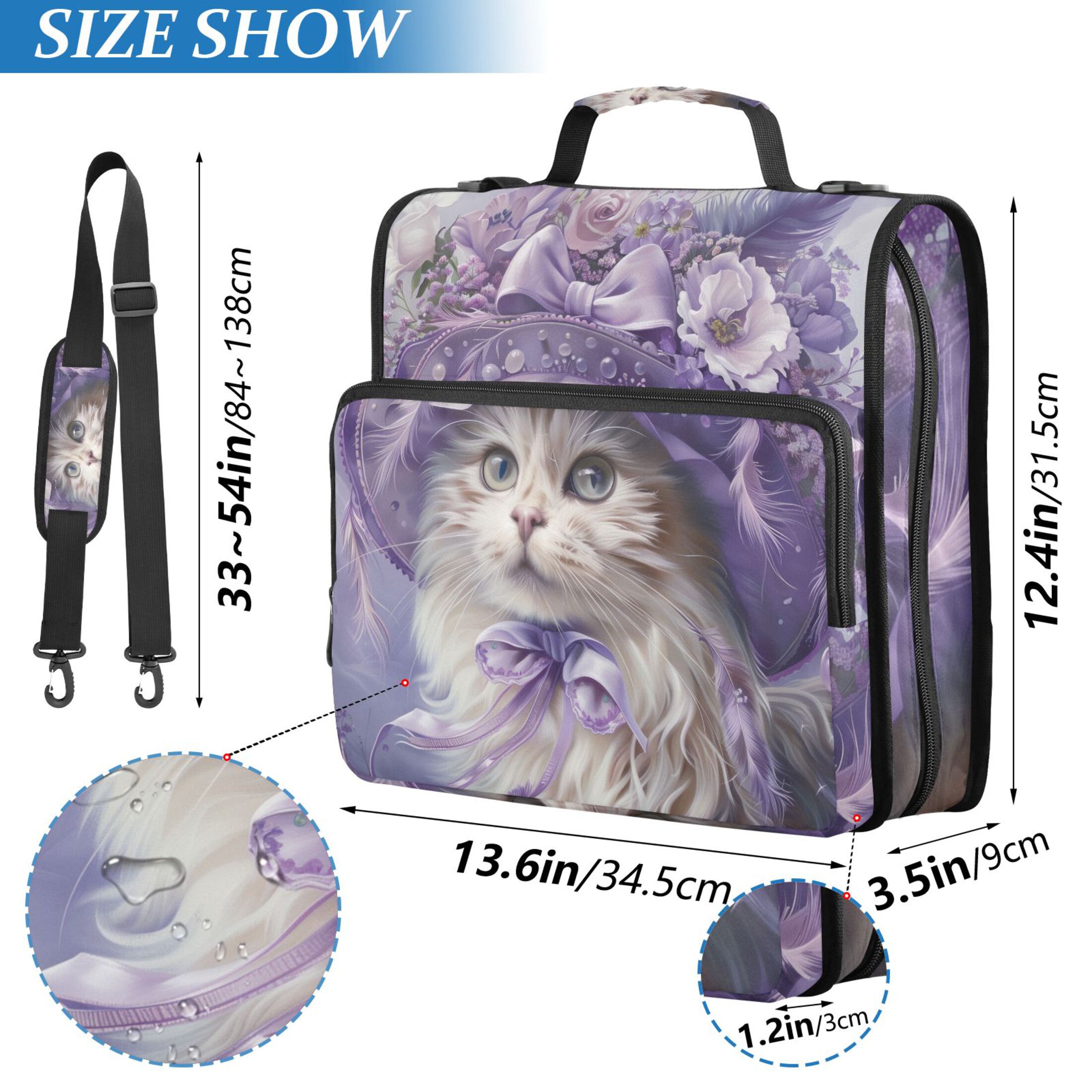 3 Ring Zipper Binder with Shoulder Strap Waterproof Trapper Keeper 2 Inch D-Ring 500 Sheets Capacity Elegant Cat with Lilac Flowers Hat