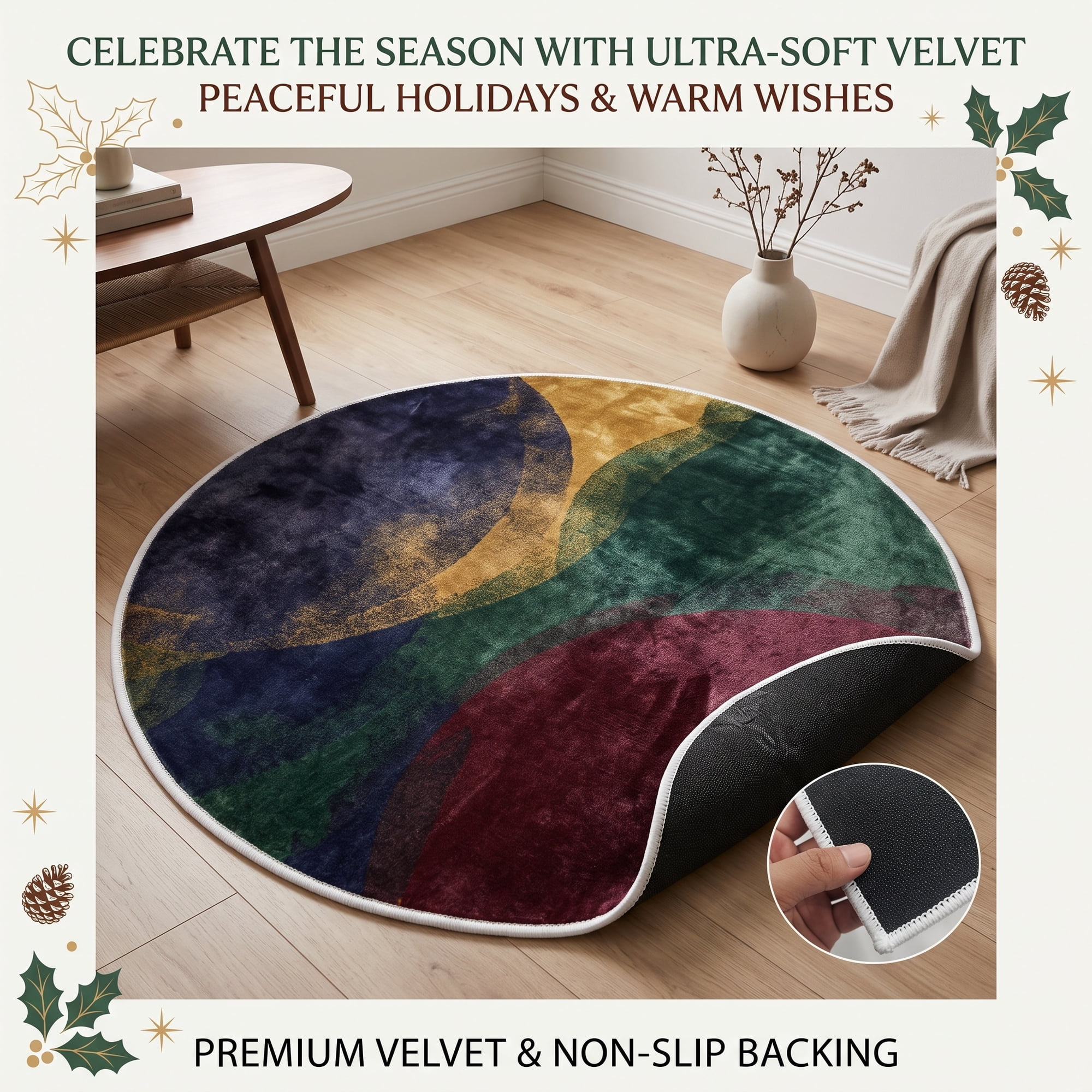 Round Velvet Area Rug 200 x 200 cm with Non-Slip Backing, Soft Circular Carpet, Decorative Floor Rug for Living Room, Bedroom, Sitting Area, Coffee Table and Christmas Home Decor