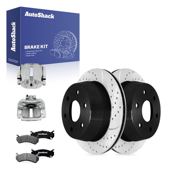 AutoShack Rear Vented Drilled & Slotted E-Coated Brake Rotors   Ceramic Pads   Calipers 8-PC Brake Kit Replacement for 2007 Chevrolet Silverado 1500 Classic ShadowGuard 12.8" (325 mm)