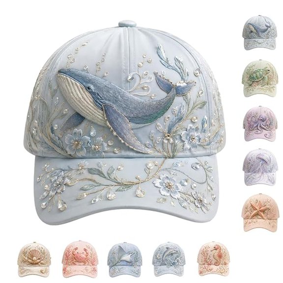 3D Ocean Creatures Embroidery Cap, Adjustable Cotton Baseball Caps with Raised Embroidered Sea Animals for Man Woman