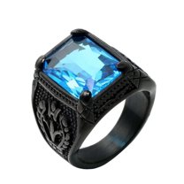 PAURO Men's Stainless Steel Vintage Gemstone Ring Engraved Flower Design Black Plated, Blue Stone Size 11