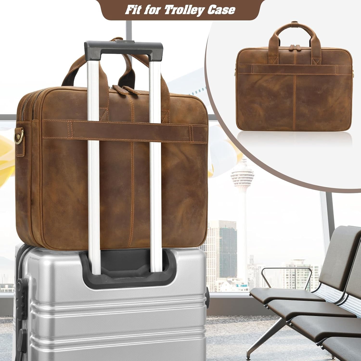 Full Grain Leather Briefcase for Men, Business Messenger Bag Laptop Bag Attache Case, Fits 15.6 Inch Laptop