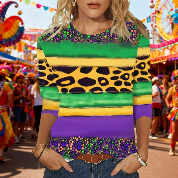 Xuyuer 2025 Womens 3/4 Sleeve Tops Mardi Gras and Christmas Costumes Fashion Round Neck Blouse
