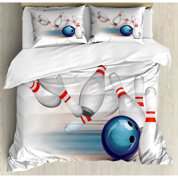 Bowling Party Duvet Cover Set, Thrown Ball and Scattered Pins Speed Hit the Target Shot Score, Decorative 3 Piece Bedding Set with 2 Pillow Shams, Queen Size, White Pale Blue Red, by Ambesonne