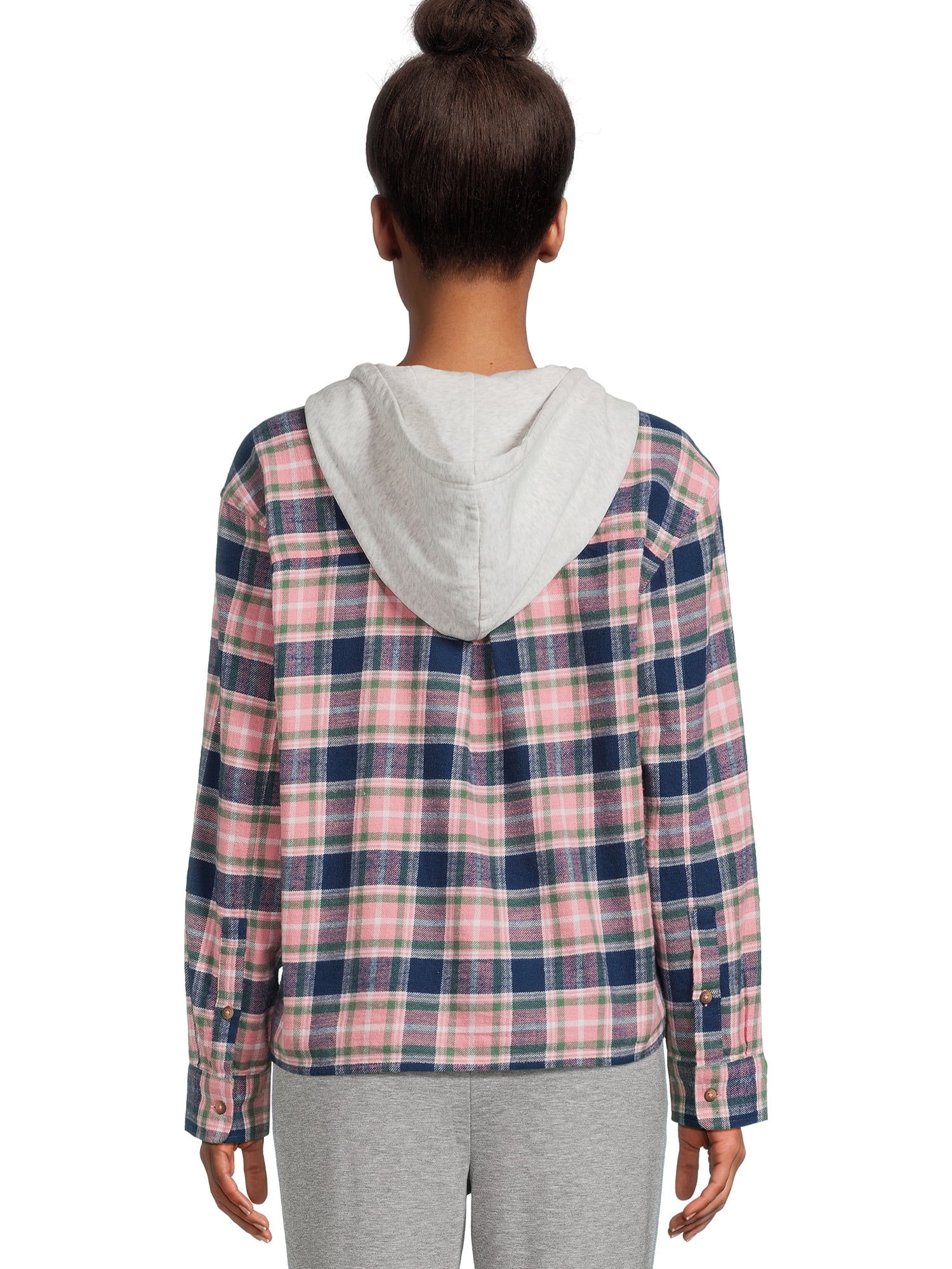 Time and Tru Women's Hooded Crop Flannel Shirt, Sizes XS-XXXL