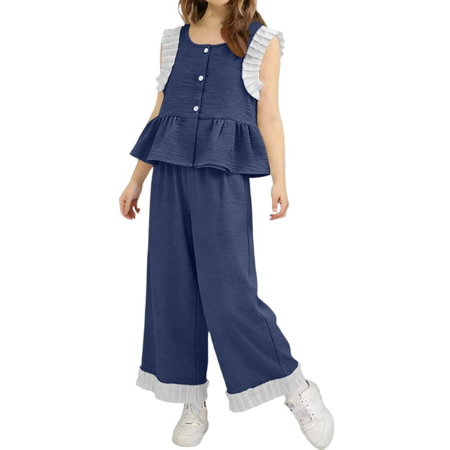 Conjuntos de camiseta sin mangas con cuello redondo, traje para niña, top con mangas voladoras, pantalones acampanados con dobladillo de encaje, conjunto de dos piezas para niña, top de poliéster para
