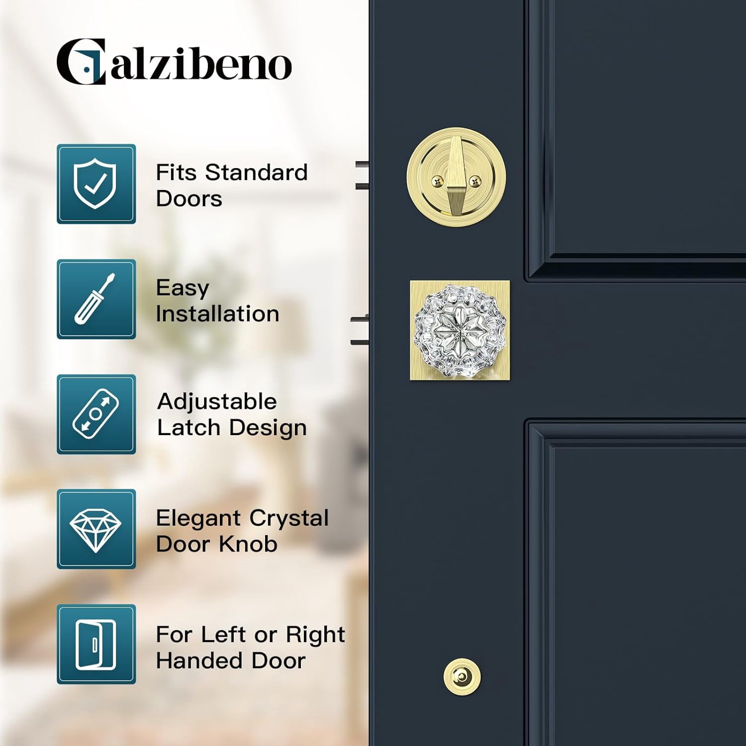 Satin Brass Front Door Handle and Deadbolt Set, Front Door Lock Set with Crystal Glass Door Knob, Exterior Door Lock Set with Single Cylinder, Reversible for Right & Left, Gold