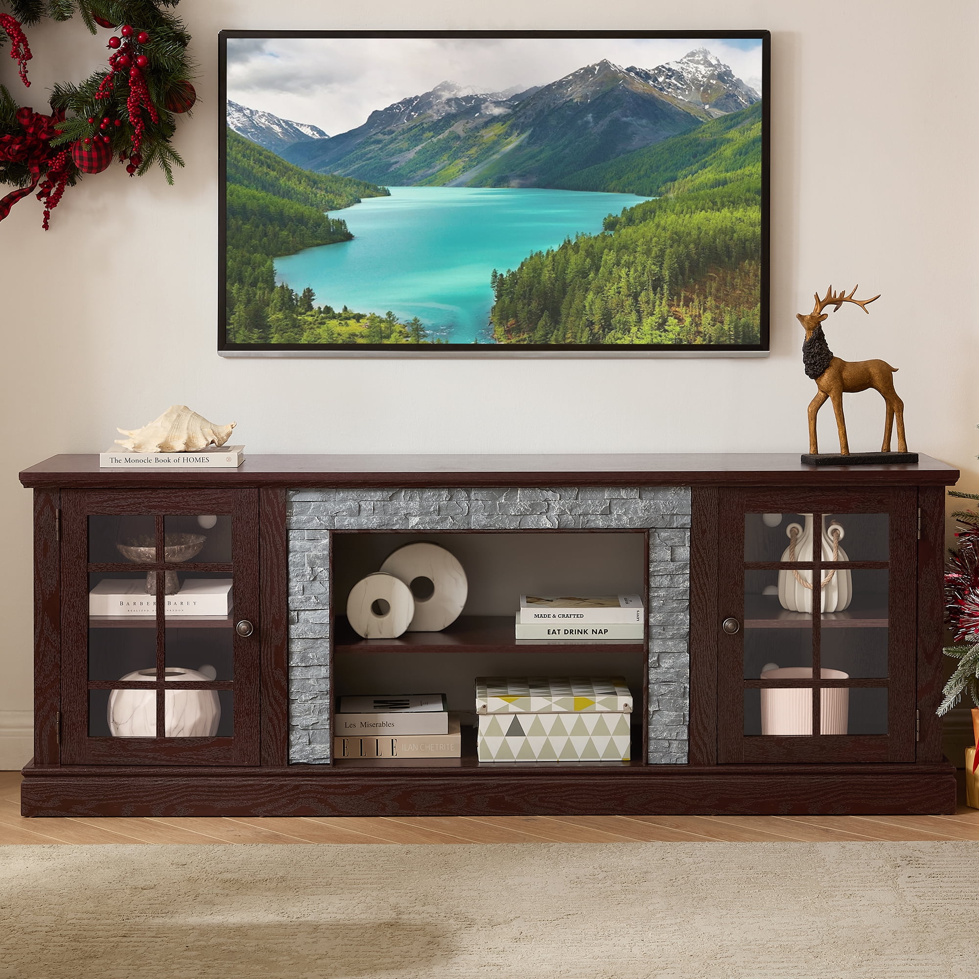 HIUU Farmhouse TV Stand with Storage,Faux Stone Entertainment Center for 65 Inch TVs,Modern TV Consoles for Living Room,Entertainment Stand(Cherry)