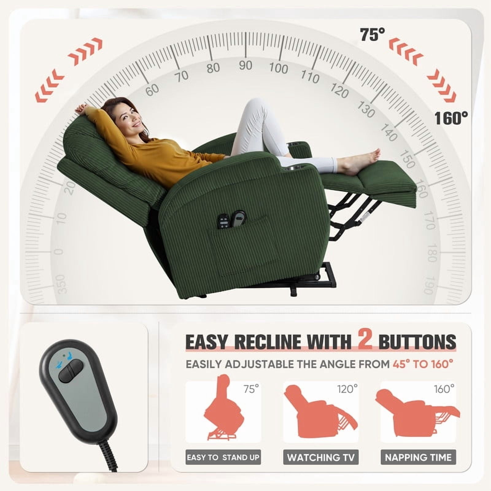 Homall Power Lift Massage Recliner Chair with Eight Vibrating Massages Ergonomic Chair with Side Pocket and Soft Corduroy for Living Room,Green