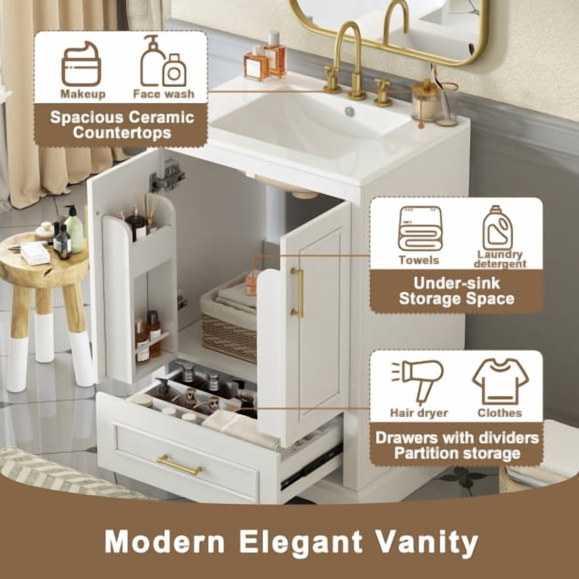 24 Inch Bathroom Vanity with Sink, Modern Freestanding Cabinet with Soft Close Doors and Ceramic Basin for Bathroom Storage, White